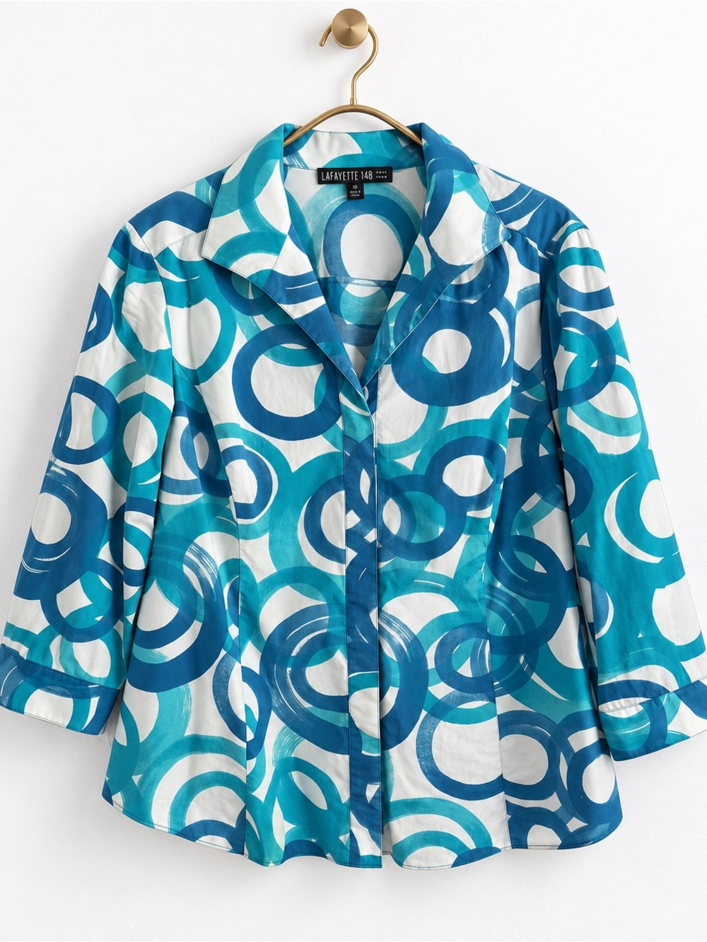 Lafayette 148 New York Blue Aqua Circle Print Cotton Stretch Shirt Size 10